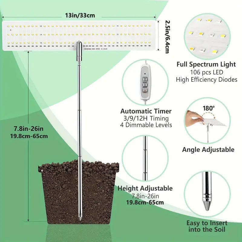 LED Growing Light Full Spectrum For Indoor Plants, Height Adjustable, Automatic Timer