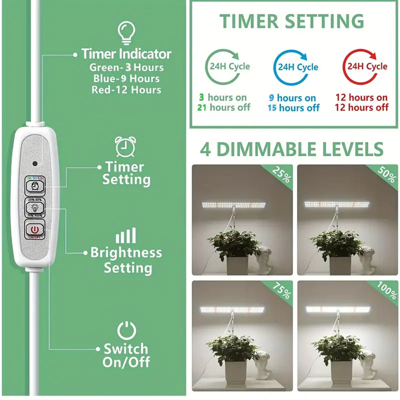 LED Growing Light Full Spectrum For Indoor Plants, Height Adjustable, Automatic Timer