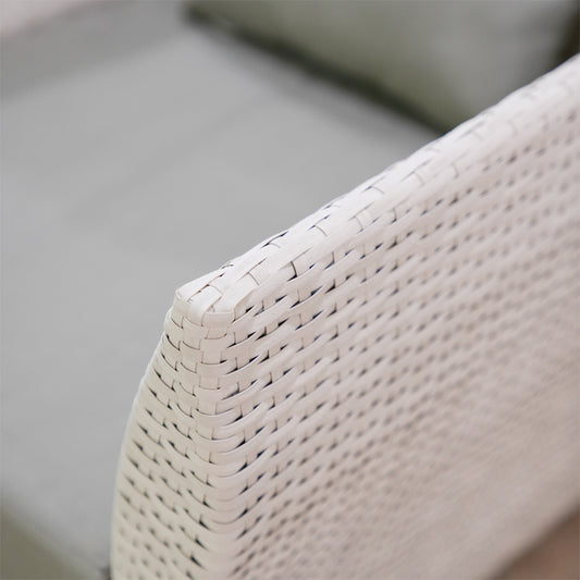 Outdoor Furniture Set, featuring powder-coated aluminum frames and PE flat wicker. Complete with polyester fabric cushions and pillows, and a tempered glass top. Ideal for Kuwaiti gardens, available for order from our website for an outdoor oasis.