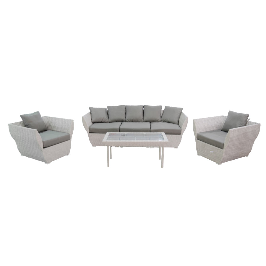 Outdoor Furniture Set, featuring powder-coated aluminum frames and PE flat wicker. Complete with polyester fabric cushions and pillows, and a tempered glass top. Ideal for Kuwaiti gardens, available for order from our website for an outdoor oasis.