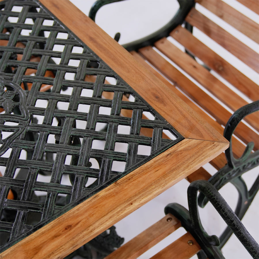 Garden Table Set, featuring a square table with four chairs and an umbrella base. Ideal for outdoor dining and gatherings. Perfect for providing shade on sunny days. Enhance your garden with this stylish and functional furniture set.