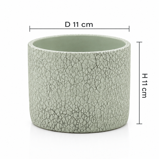 Five crackle-finish pots on a tabletop