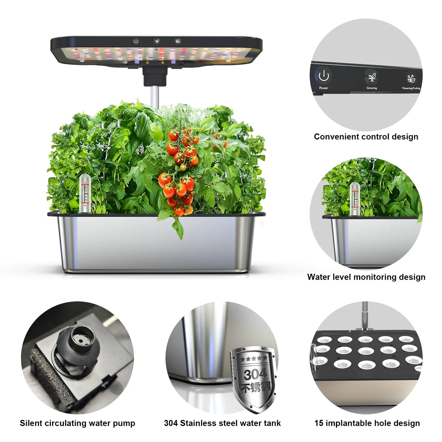 Hydroponic Indoor Growing System | 15-Pod Herb Garden Kit with LED Grow Light & Water Pump