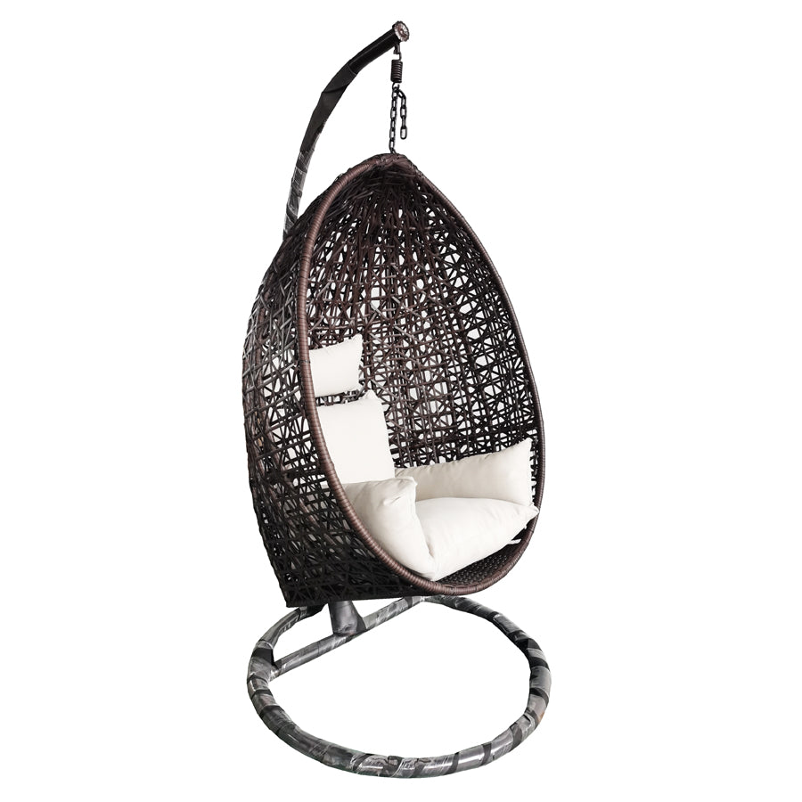 BlackWing Rattan Swing Chair, a stylish outdoor swing chair with a black aluminum frame and same color rattan weave. SGS certified and 3000h UV resistant, it's designed to endure outdoor conditions. Supported by a Dia 38mm steel tube frame and strength spring. Dimensions are 90x65x202 cm.