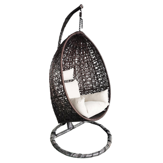 BlackWing Rattan Swing Chair, a stylish outdoor swing chair with a black aluminum frame and same color rattan weave. SGS certified and 3000h UV resistant, it's designed to endure outdoor conditions. Supported by a Dia 38mm steel tube frame and strength spring. Dimensions are 90x65x202 cm.