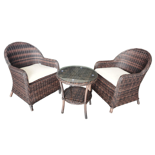 ClassicWeave Rattan Furniture Set, featuring a single chair and a table. The chair is constructed with a Dia 25×1.2mm aluminum frame and 5mm round rattan in a normal weave style. Cushions made from 250gsm polyester provide comfort, while the table features a 5mm clear tempered glass top. Ideal for outdoor lounging and dining.