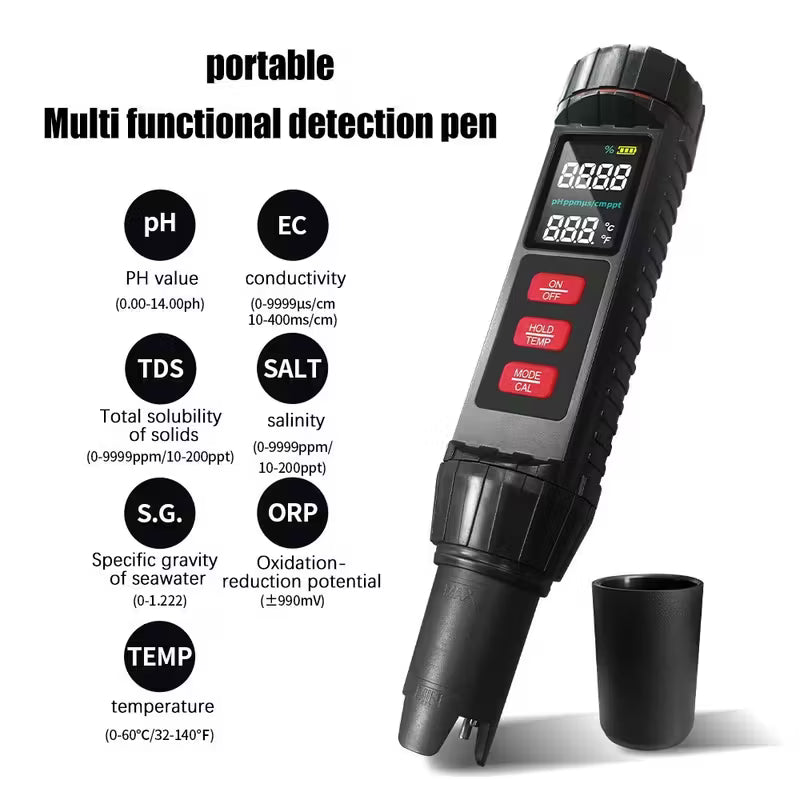 Professional 7-in-1 Water Quality Analyzer - Digital pH TDS EC Meter