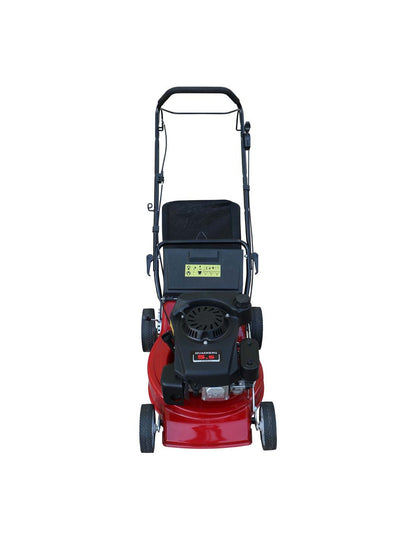 Red gasoline lawn mower with a black collection bag, designed for grass cutting, available for purchase at plantnpot.com in Kuwait.