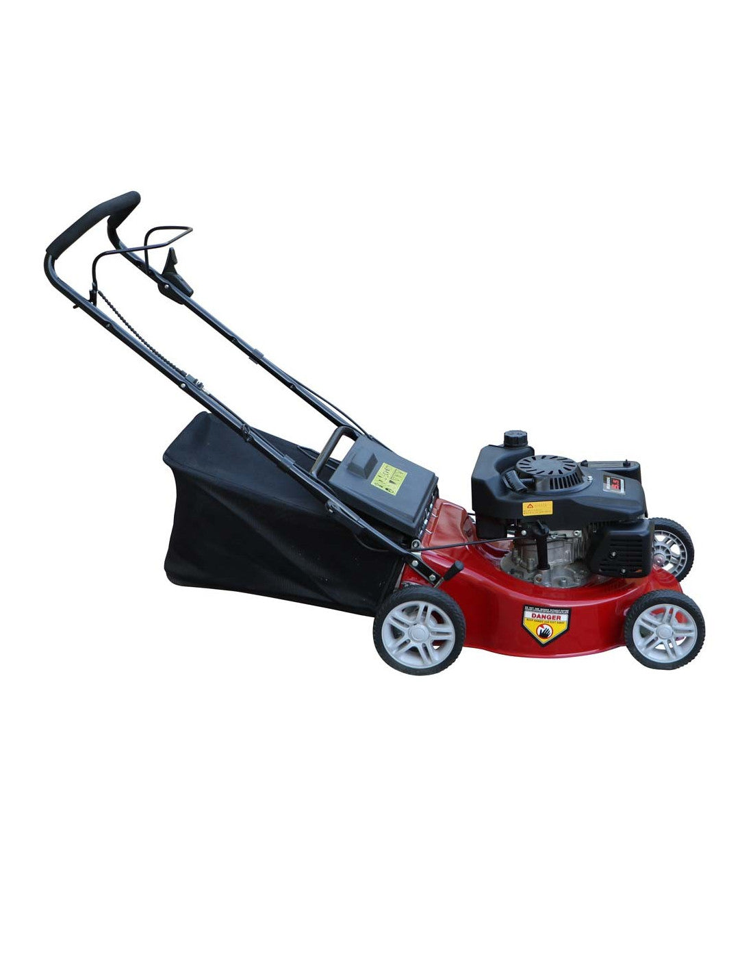 Red gasoline lawn mower with a black collection bag, designed for grass cutting, available for purchase at plantnpot.com in Kuwait.