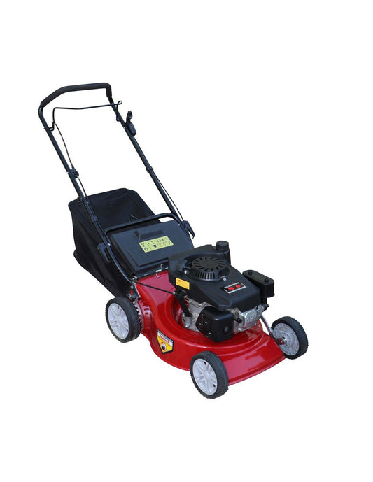 Red gasoline lawn mower with a black collection bag, designed for grass cutting, available for purchase at plantnpot.com in Kuwait.