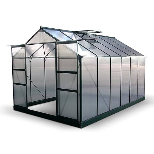 Polycarbonate Greenhouse with Lockable Hinged Door, Sliding Door and 2 Vent Window, Walk-in Hobby Greenhouse Aluminum