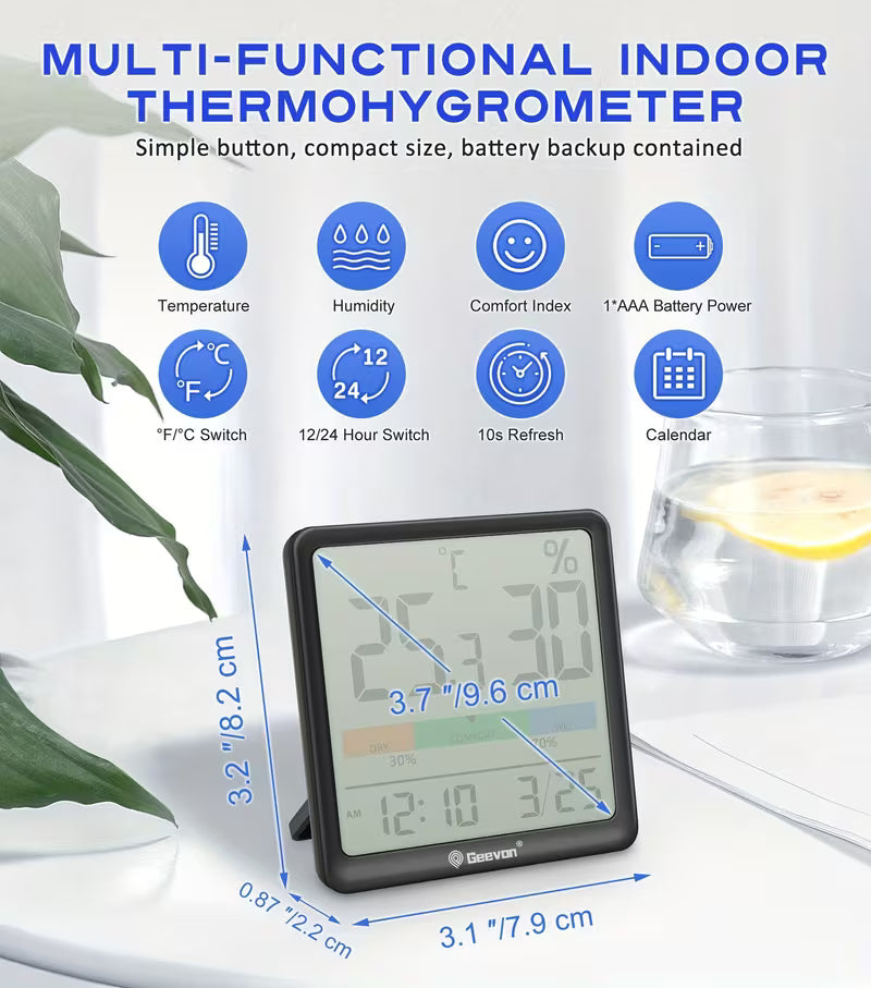 Geevon Digital Temperature & Humidity Meter - LCD Hygrometer for Indoor Use | ساعة رقمية GEEVON مع مقياس الحرارة والرطوبة
