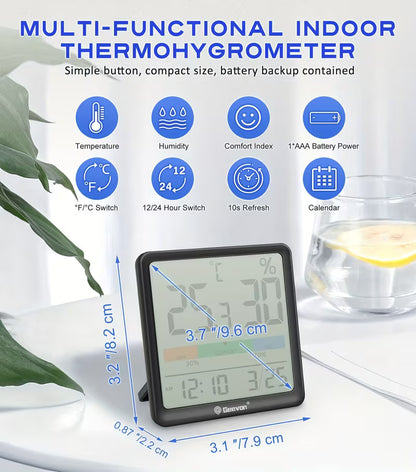 Geevon Digital Temperature & Humidity Meter - LCD Hygrometer for Indoor Use | ساعة رقمية GEEVON مع مقياس الحرارة والرطوبة