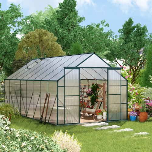 Polycarbonate Greenhouse with Lockable Hinged Door, Sliding Door and 2 Vent Window, Walk-in Hobby Greenhouse Aluminum