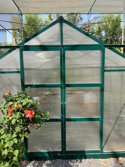 Polycarbonate Greenhouse with Lockable Hinged Door, Sliding Door and 2 Vent Window, Walk-in Hobby Greenhouse Aluminum