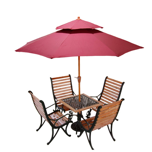 Garden Table Set, featuring a square table with four chairs and an umbrella base. Ideal for outdoor dining and gatherings. Perfect for providing shade on sunny days. Enhance your garden with this stylish and functional furniture set.