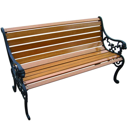 TeakWood Garden Bench, showcasing a China Hardwood bench with a light teak oil finish. Supported by cast iron legs in black, the bench measures 126x62x72 cm. Perfect for outdoor seating in gardens or patios, offering both durability and style.