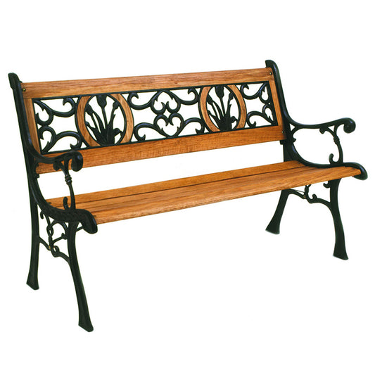 TeakWood Slat Bench, featuring seven slats made of China Hardwood with a light teak oil finish. Supported by cast iron legs in black. Dimensions are 126x60x79 cm. Ideal for outdoor seating in gardens or patios.