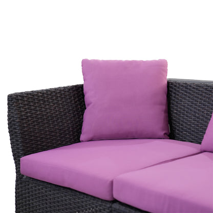 Outdoor Furniture Set, featuring powder-coated aluminum frames and PE flat wicker. Complete with polyester fabric cushions and pillows, and a tempered glass top. Ideal for Kuwaiti gardens, available for order from our website for an outdoor oasis.