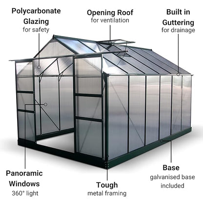 Polycarbonate Greenhouse with Lockable Hinged Door, Sliding Door and 2 Vent Window, Walk-in Hobby Greenhouse Aluminum