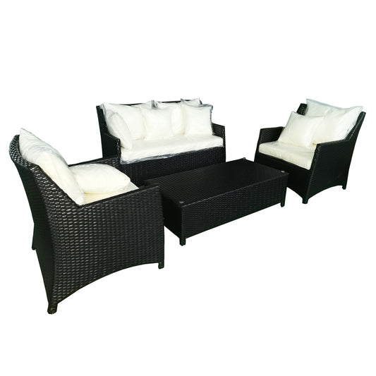 Outdoor Furniture Set, featuring corner and middle sofas, a chaise lounger, and a coffee table. Crafted with durable aluminum frames and 6mm half-round brown rattan, with beige polyester fabric cushions. Ideal for outdoor lounging and entertaining.