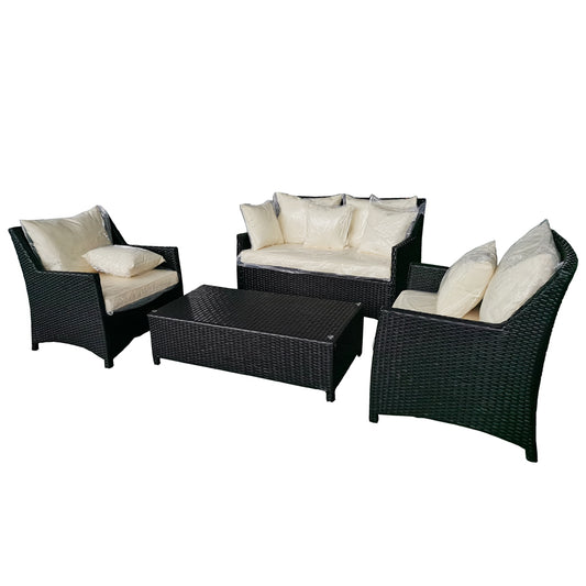 Outdoor Furniture Set, featuring corner and middle sofas, a chaise lounger, and a coffee table. Crafted with durable aluminum frames and 6mm half-round brown rattan, with beige polyester fabric cushions. Ideal for outdoor lounging and entertaining.