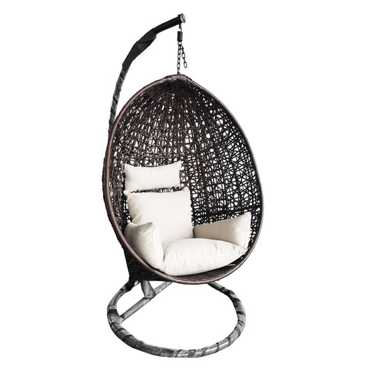 BlackWing Rattan Swing Chair, a stylish outdoor swing chair with a black aluminum frame and same color rattan weave. SGS certified and 3000h UV resistant, it's designed to endure outdoor conditions. Supported by a Dia 38mm steel tube frame and strength spring. Dimensions are 90x65x202 cm.
