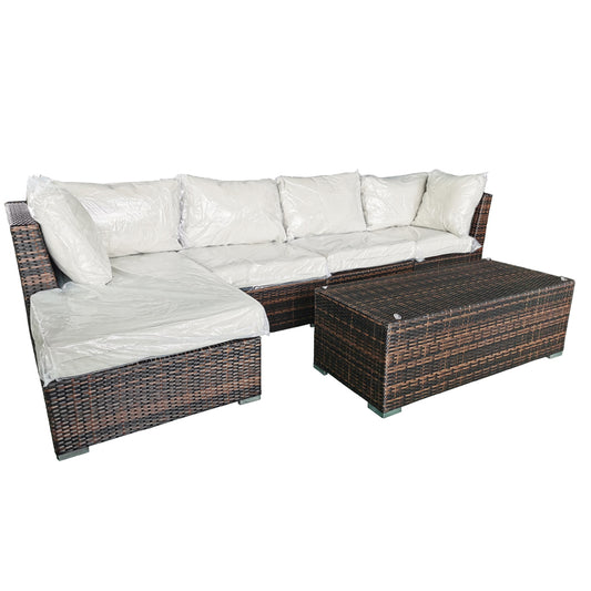 BrownRattan Outdoor Furniture Set, featuring corner and middle sofas, a chaise lounger, and a coffee table. Crafted with durable aluminum frames and 6mm half-round brown rattan, with beige polyester fabric cushions. Ideal for outdoor lounging and entertaining