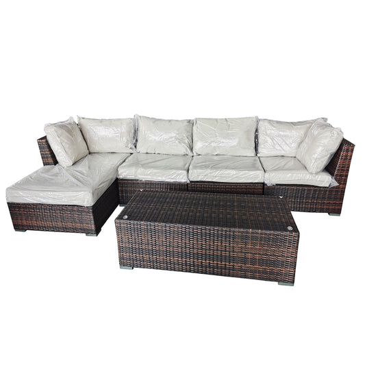 BrownRattan Outdoor Furniture Set, featuring corner and middle sofas, a chaise lounger, and a coffee table. Crafted with durable aluminum frames and 6mm half-round brown rattan, with beige polyester fabric cushions. Ideal for outdoor lounging and entertaining