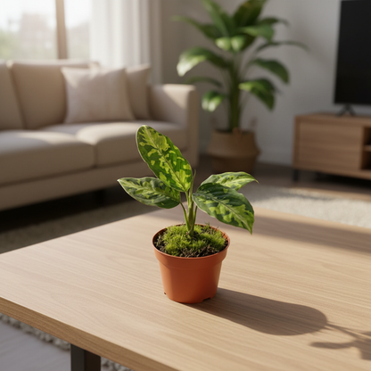 Aglaonema Pictum Tricolor on a living-room tabletop
