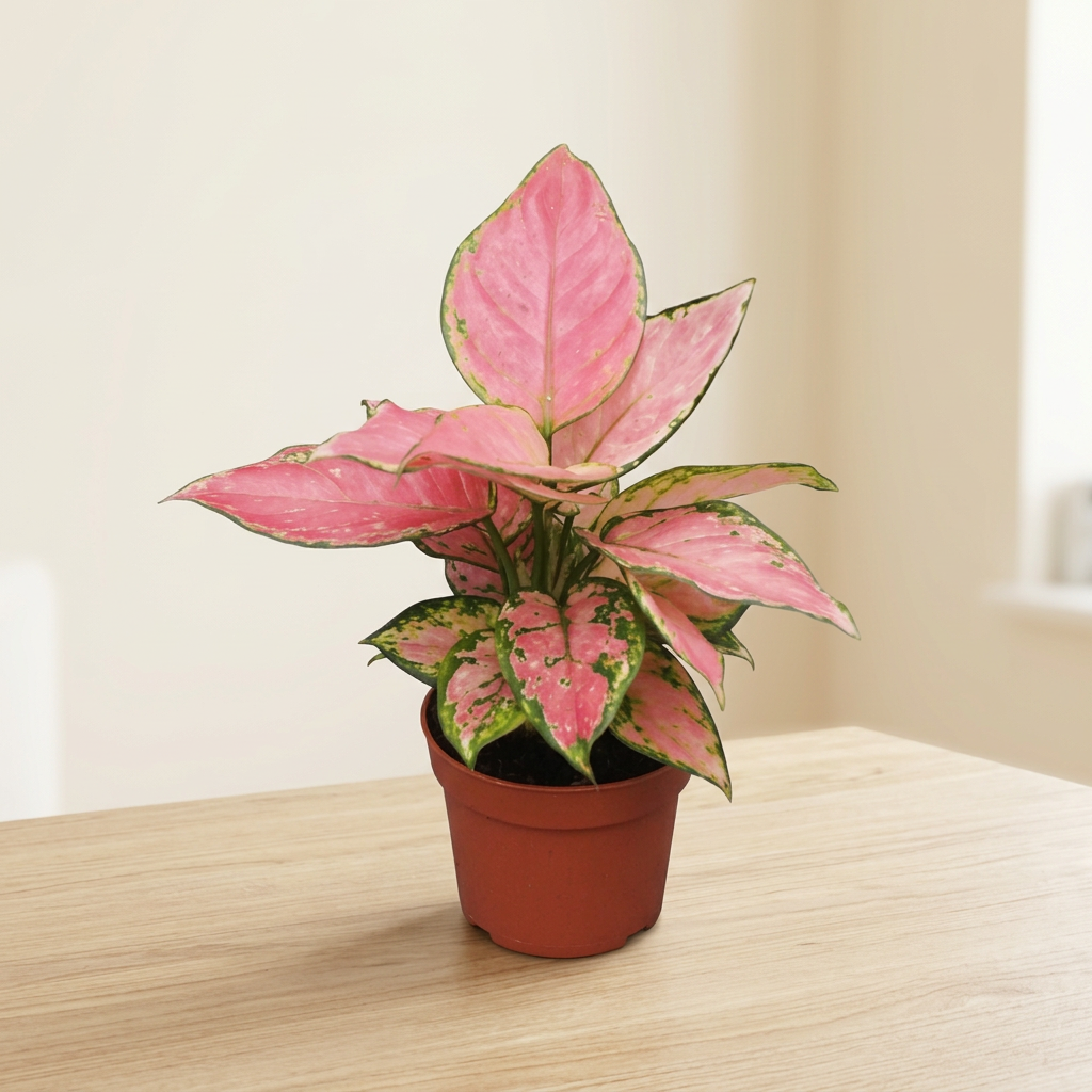 Aglaonema Pink in its 10 cm nursery pot on a tabletop in a bright room