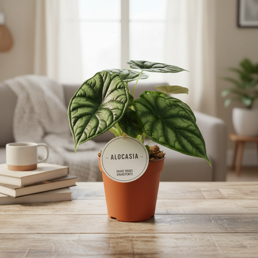 Alocasia Dragon Scale – Cozy Living Room Tabletop