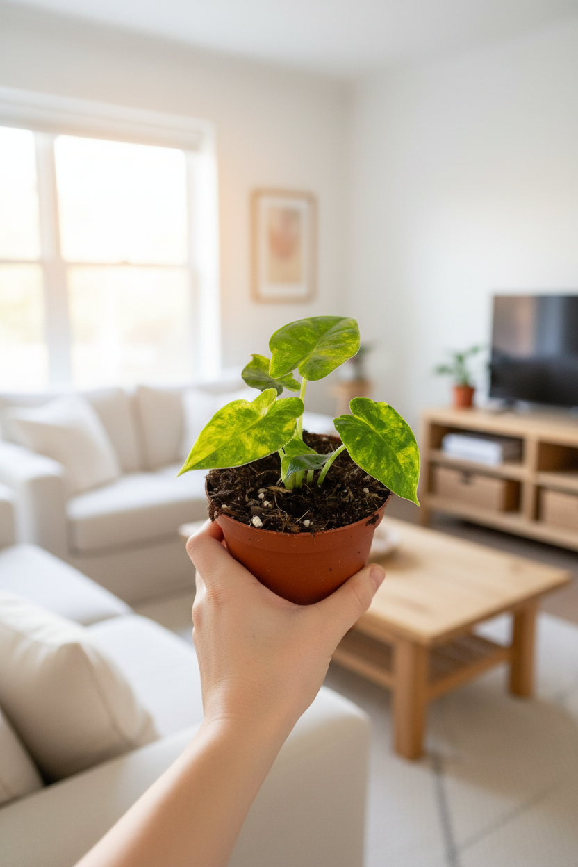 Alocasia Gageana Aurea - Cozy Living Room Hand Held