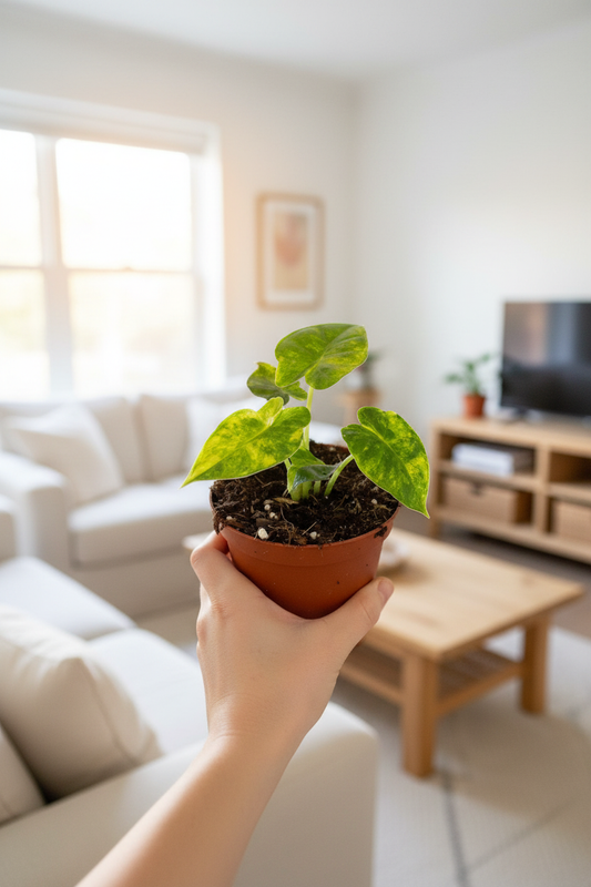 Alocasia Gageana Aurea - Cozy Living Room Hand Held