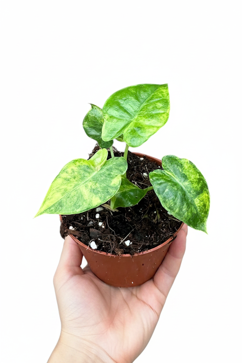 Alocasia Gageana Aurea - Hand Holding Small Plant White Background
