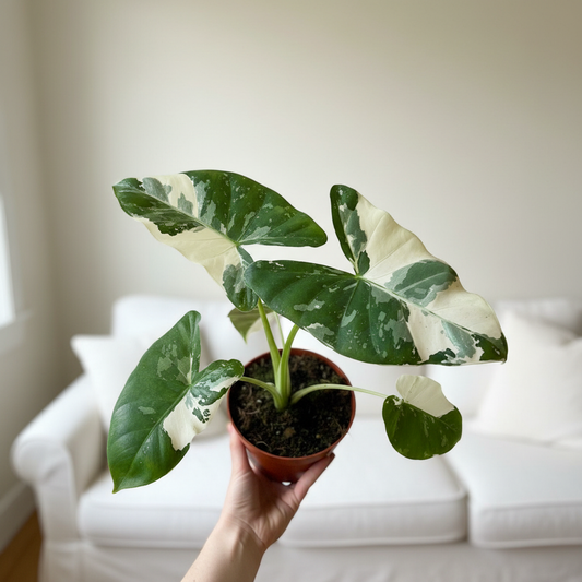 Alocasia Macrorrhiza Variegata - Top View Hand Holding Cozy Living Room