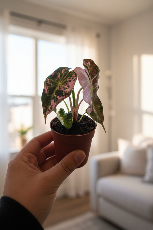 Alocasia Polly Pink Variegata - HD Hand Holding Cozy Background