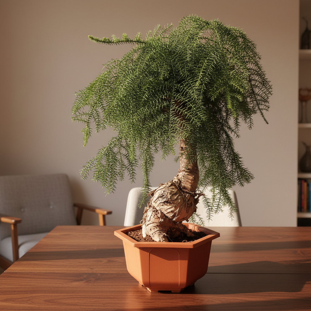 Araucaria Cunninghamii Bonsai on a tabletop