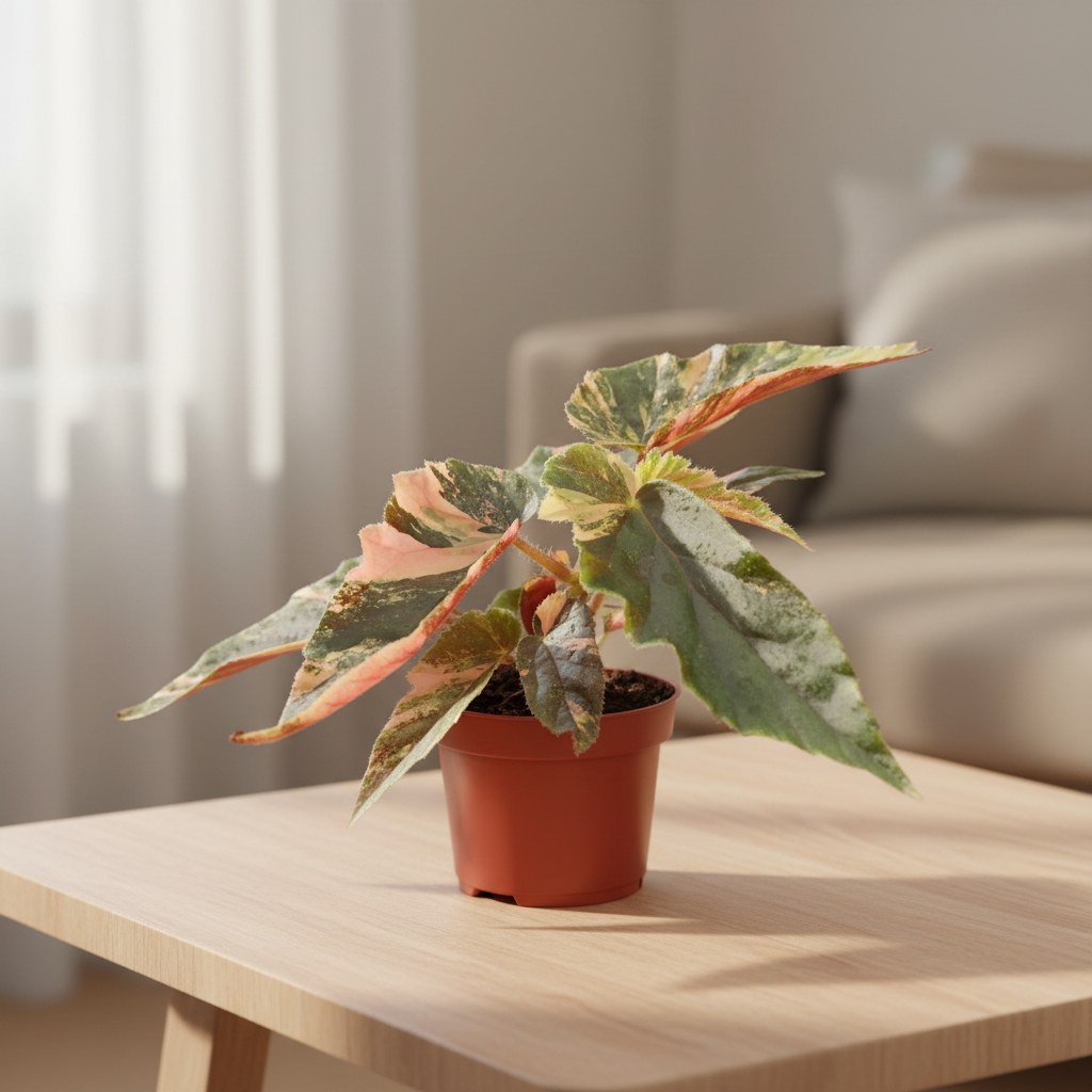Begonia Ginny Galaxy Variegata on a tabletop