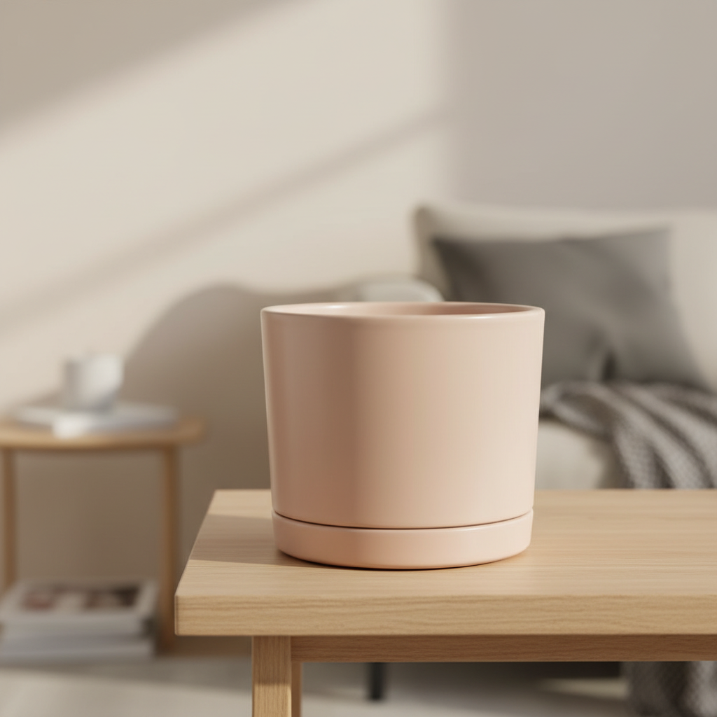 Blush-pink ceramic planter in a modern interior
