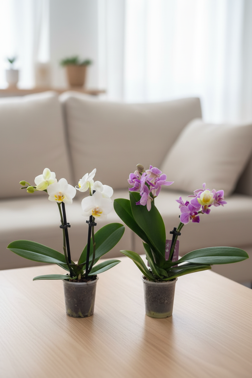 Both mini orchids together on a tabletop