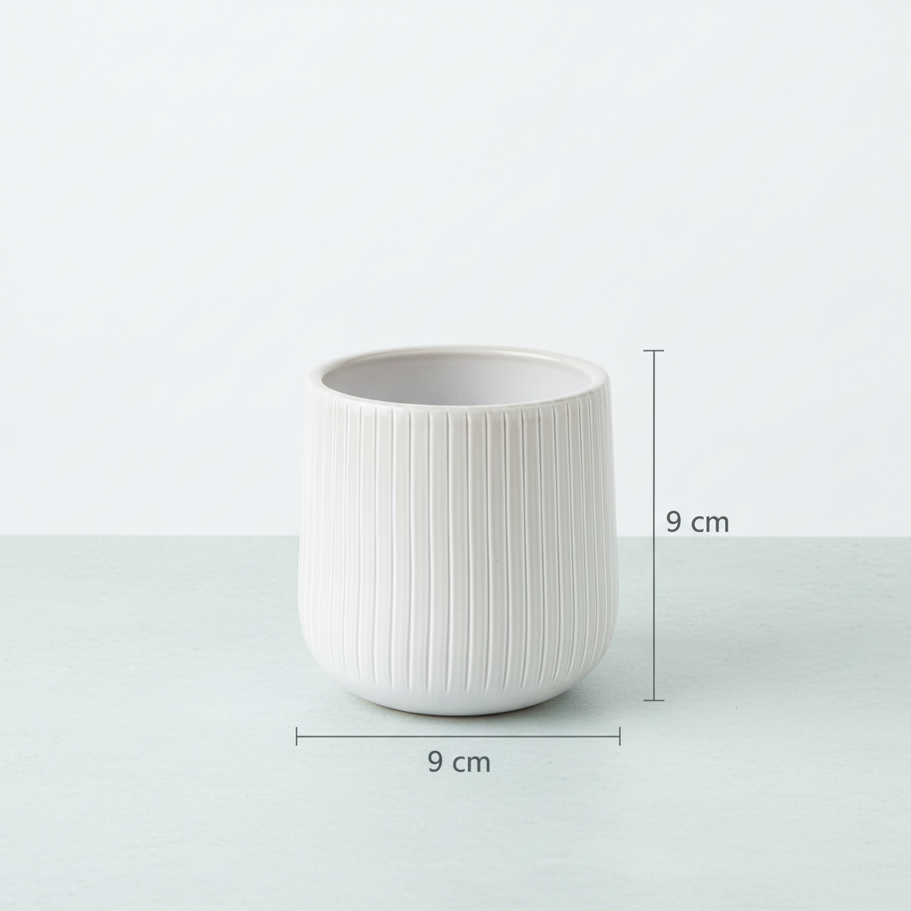 Bright HD white ribbed ceramic planter, 9 × 9 cm dimensions
