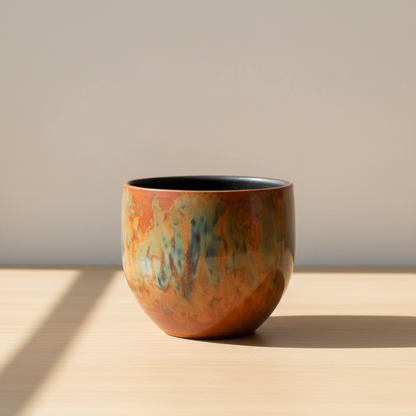 Brown and orange ceramic pot on a tabletop