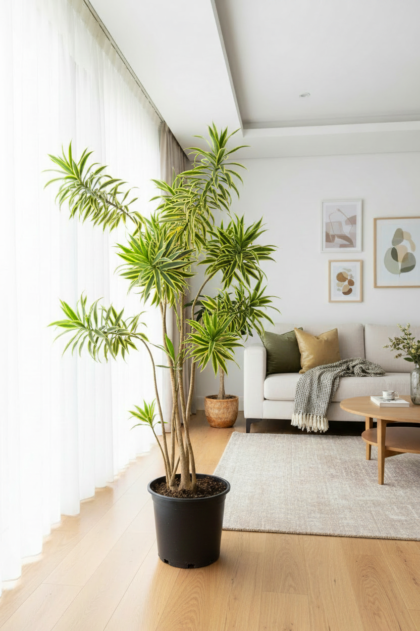 Dracaena Reflexa Song of India – Black Nursery Pot in Bright Living Room