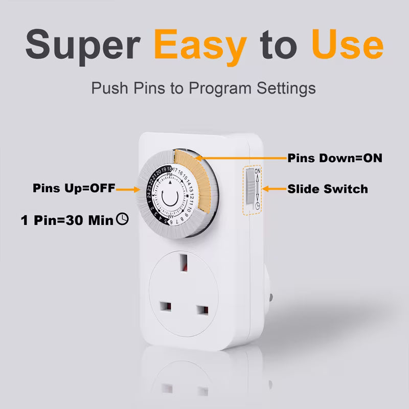 UK Mechanical Timer Socket – 24-Hour Daily Timer Switch with Plug | مقبس موقت ميكانيكي 24 ساعة – مفتاح تحكم يومي بقابس UK