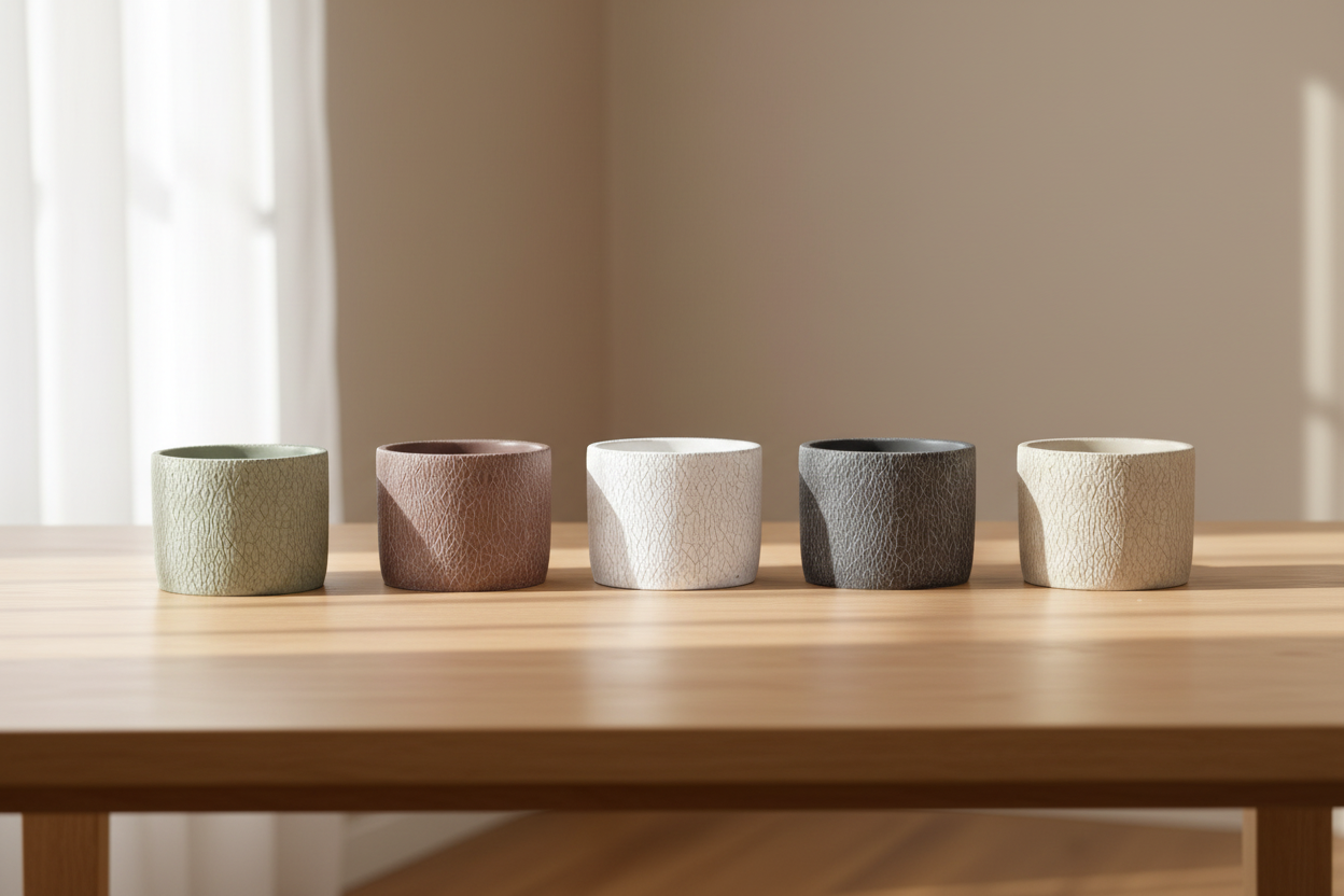 Five crackle-finish pots on a tabletop