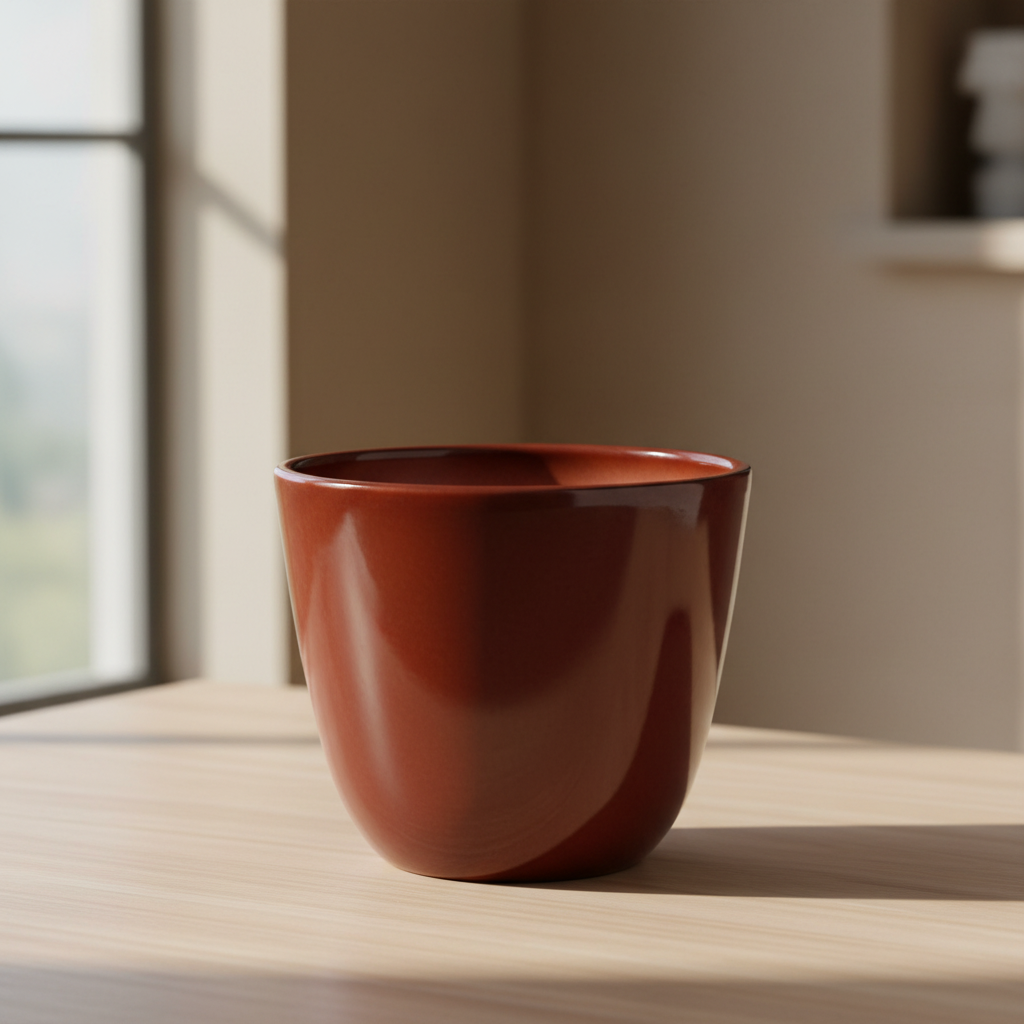 Glossy terracotta ceramic pot on a tabletop