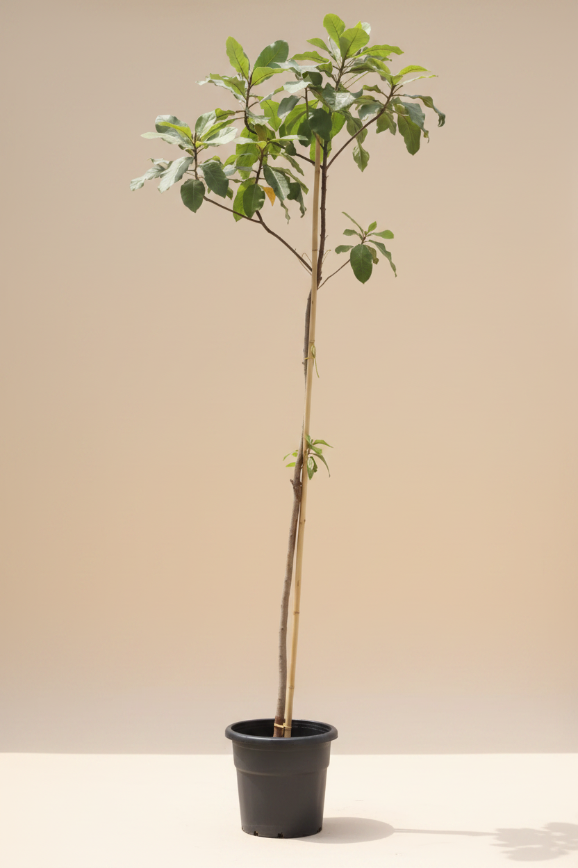 Terminalia catappa Tropical Almond Tree, 350cm tall, in a black nursery pot against a beige background