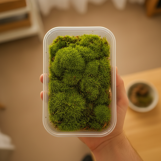 Live Cushion Moss Tray — Top View Hand Holding