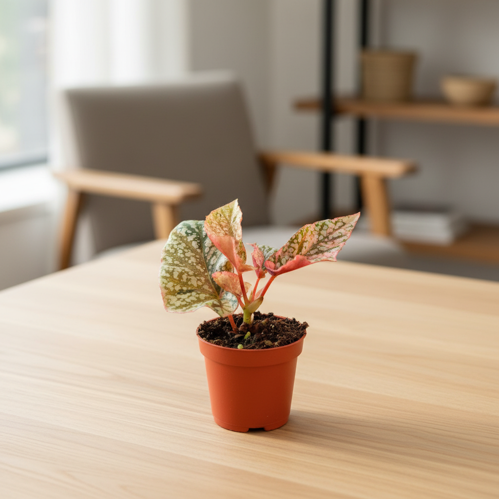 Miniature Begonia Snowcap Variegata on a tabletop